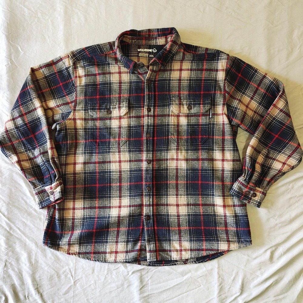 Wolverine Flannel Shirt Men XXL Heavyweight Plaid Button Up Cream Navy Red